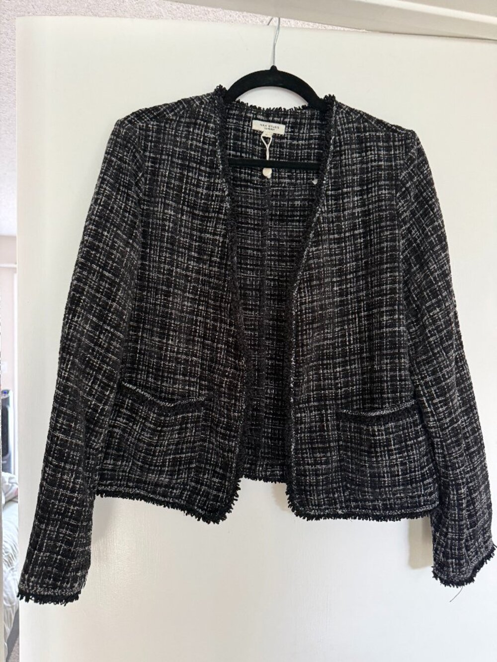Max Studio London Black White Tweed Open Front Blazer M